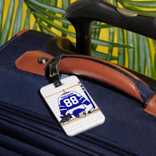 Personalized Blue and White Ice Hockey Jersey Luggage Tag