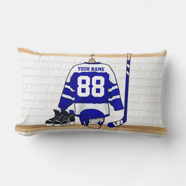 Personalized Blue and White Ice Hockey Jersey Lumbar Pillow (Front)