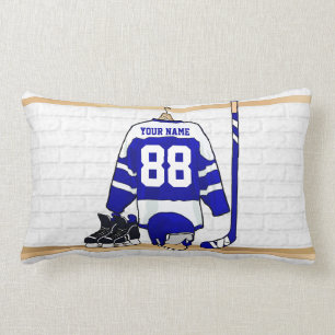 Personalized Blue and White Ice Hockey Jersey Lumbar Pillow