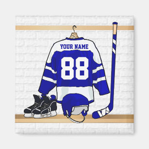 Personalized Blue and White Ice Hockey Jersey Magnet