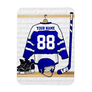 Personalized Blue and White Ice Hockey Jersey Magnet