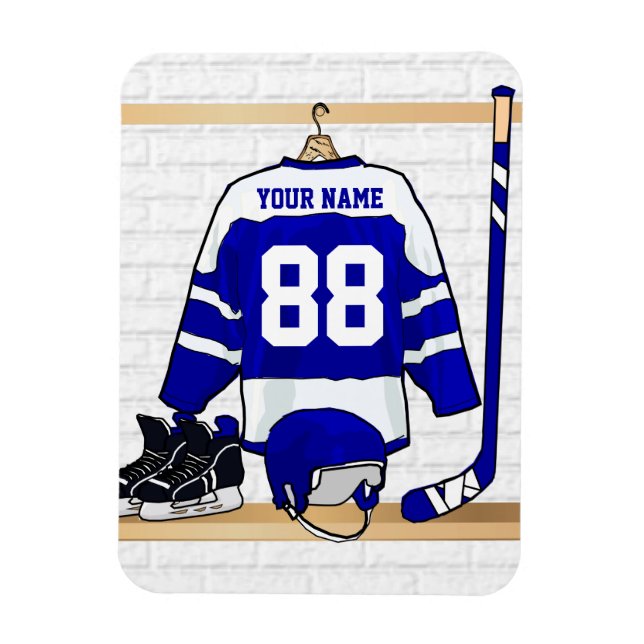 Personalized Blue and White Ice Hockey Jersey Magnet (Vertical)