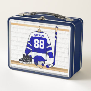 Personalized Blue and White Ice Hockey Jersey Metal Lunch Box