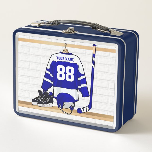 Personalized Blue and White Ice Hockey Jersey Metal Lunch Box (Front)