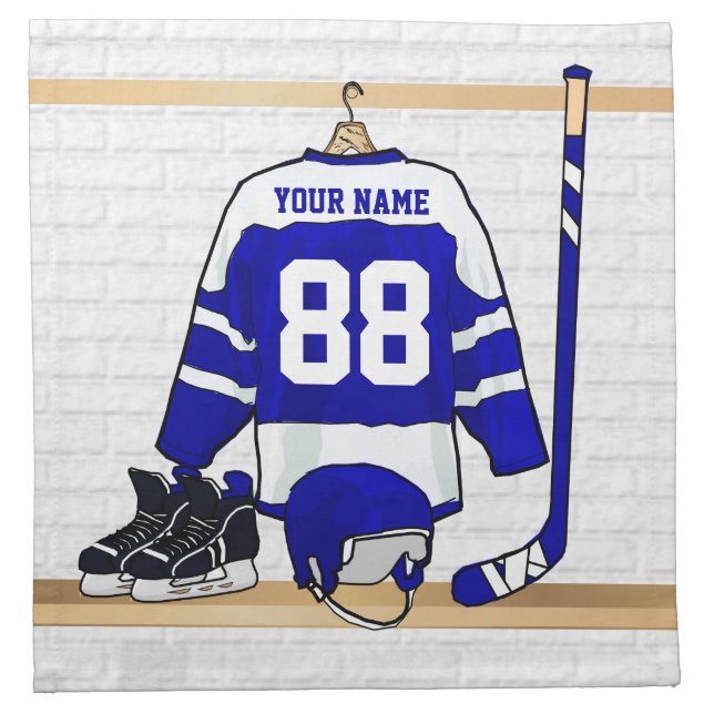Personalized Blue and White Ice Hockey Jersey Napkin (Front)