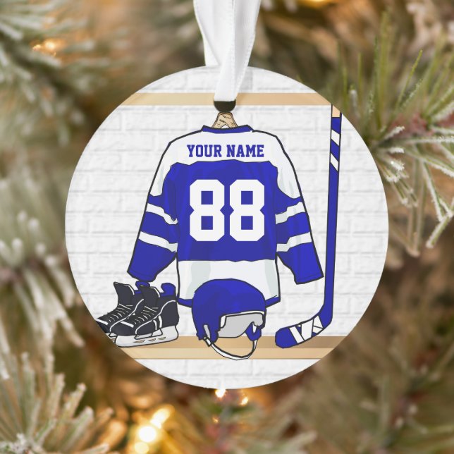 Personalized Blue and White Ice Hockey Jersey Ornament (Tree)