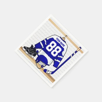 Personalized Blue And White Ice Hockey Jersey Paper Napkins by giftsbonanza at Zazzle