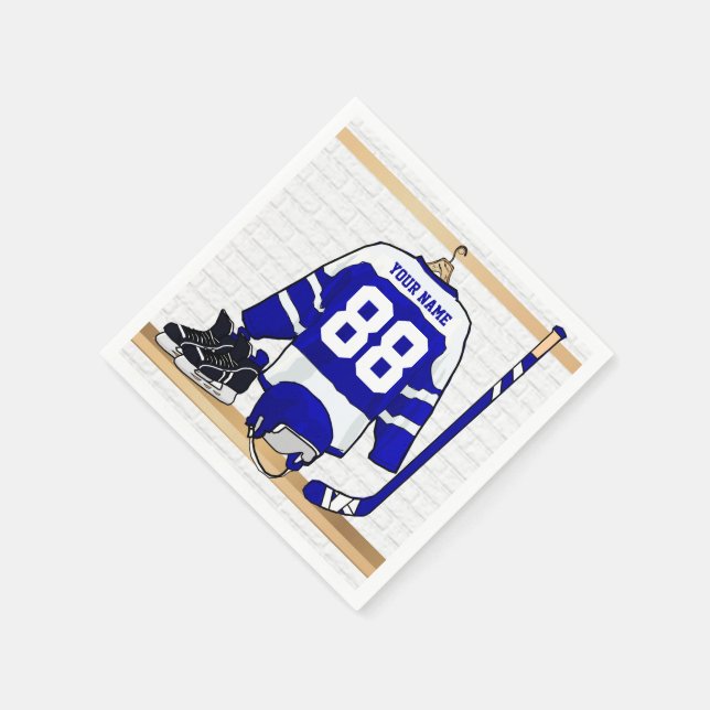 Personalized Blue and White Ice Hockey Jersey Paper Napkins (Corner)