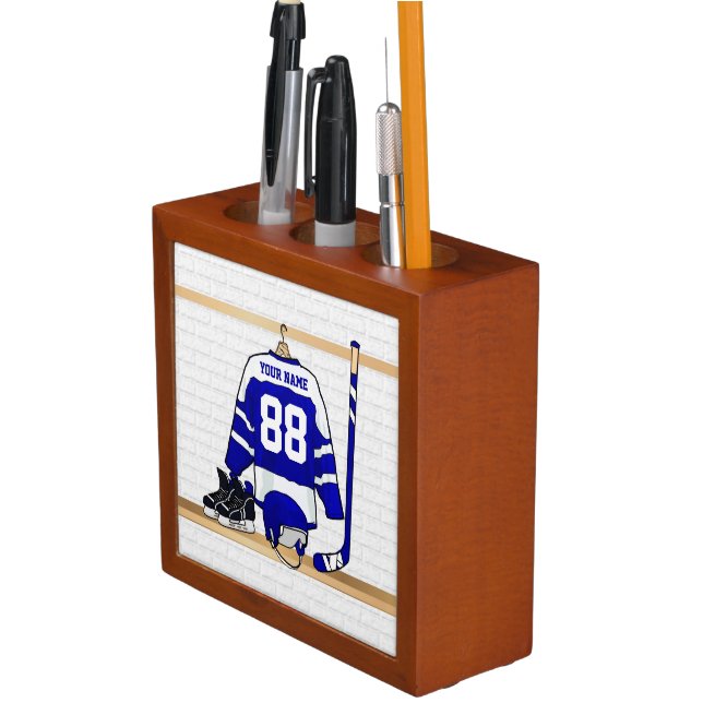 Personalized Blue and White Ice Hockey Jersey Pencil/Pen Holder (In Situ)