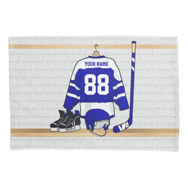 Personalized Blue and White Ice Hockey Jersey Pillow Case (Front)