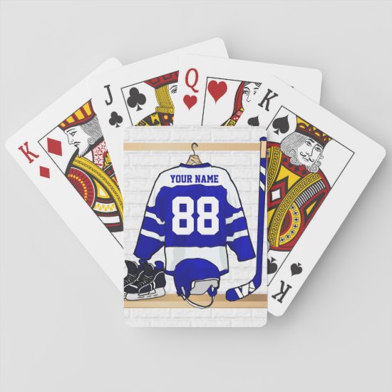 Personalized Blue and White Ice Hockey Jersey Playing Cards