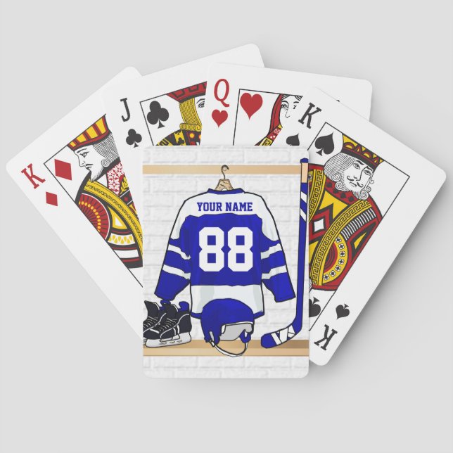 Personalized Blue and White Ice Hockey Jersey Poker Cards (Back)