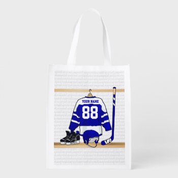 Personalized Blue And White Ice Hockey Jersey Reusable Grocery Bag by giftsbonanza at Zazzle