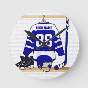 Personalized Blue and White Ice Hockey Jersey Round Clock