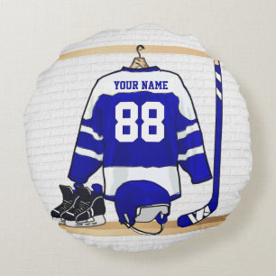 Personalized Blue and White Ice Hockey Jersey Round Pillow