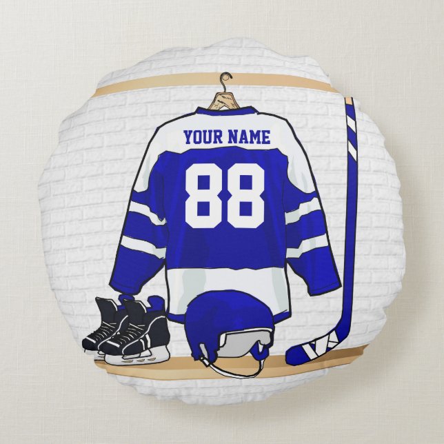 Personalized Blue and White Ice Hockey Jersey Round Pillow (Back)