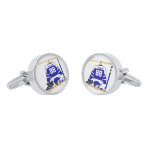 Personalized Blue and White Ice Hockey Jersey Silver Cufflinks