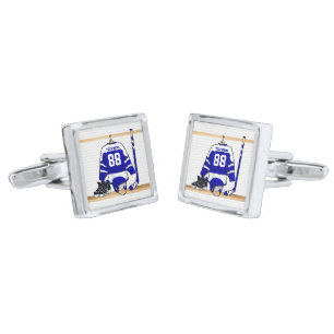 Personalized Blue and White Ice Hockey Jersey Silver Cufflinks