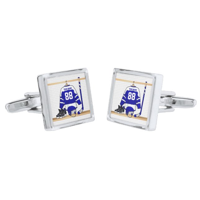 Personalized Blue and White Ice Hockey Jersey Silver Cufflinks (Angled)