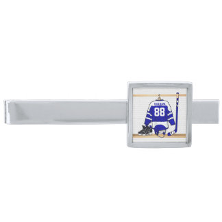 Personalized Blue and White Ice Hockey Jersey Silver Finish Tie Clip