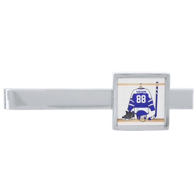 Personalized Blue and White Ice Hockey Jersey Silver Finish Tie Clip (Front)