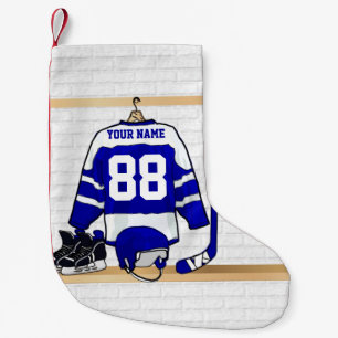 Personalized blue and White Ice Hockey Jersey Small Christmas Stocking