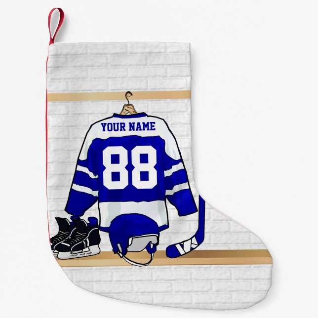 Personalized blue and White Ice Hockey Jersey Small Christmas Stocking (Front)