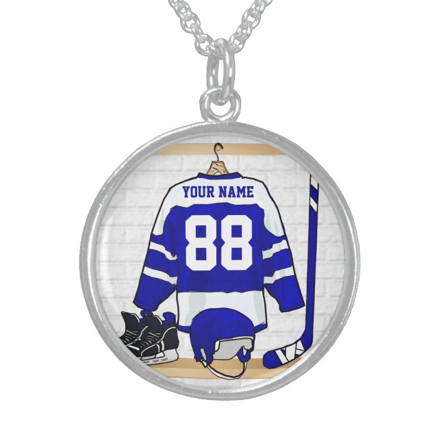 Personalized Blue and White Ice Hockey Jersey Sterling Silver Necklace (Front)