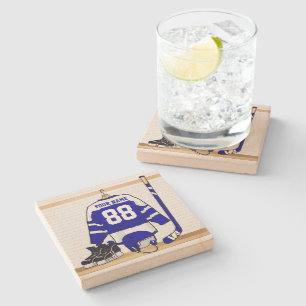 Personalized Blue and White Ice Hockey Jersey Stone Coaster