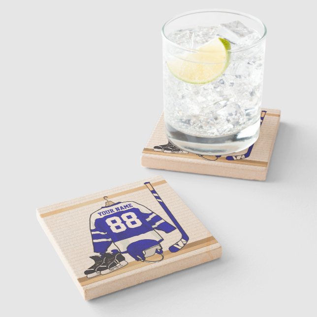 Personalized Blue and White Ice Hockey Jersey Stone Coaster (Side)