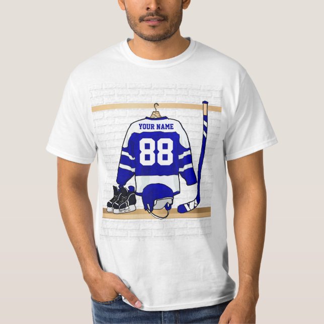 Personalized Blue and White Ice Hockey Jersey T-Shirt (Front)