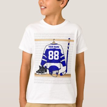 Personalized Blue And White Ice Hockey Jersey T-shirt by giftsbonanza at Zazzle