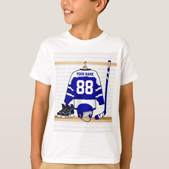 Personalized Blue and White Ice Hockey Jersey T-Shirt (Front)