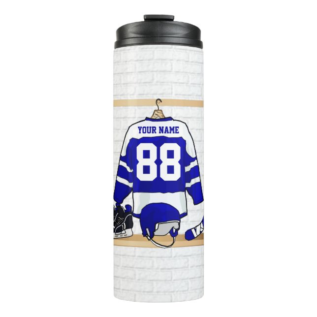 Personalized blue and White Ice Hockey Jersey Thermal Tumbler (Front)