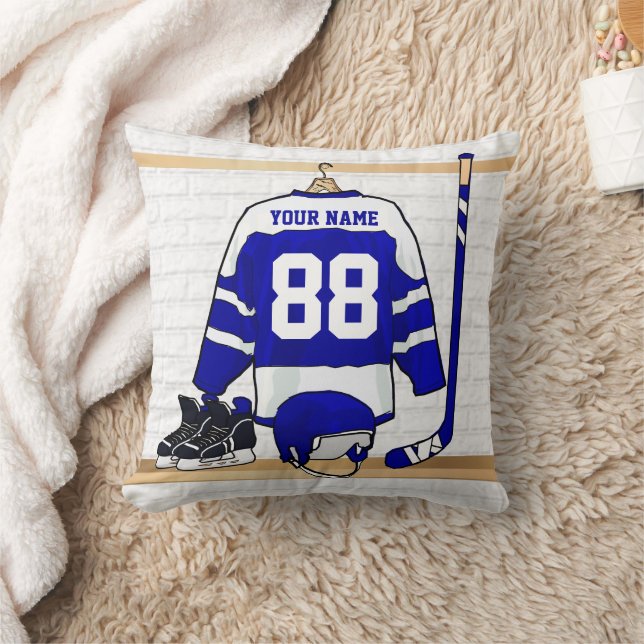 Personalized Blue and White Ice Hockey Jersey Throw Pillow (Blanket)