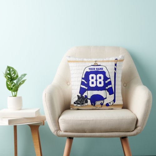 Personalized Blue and White Ice Hockey Jersey Throw Pillow
