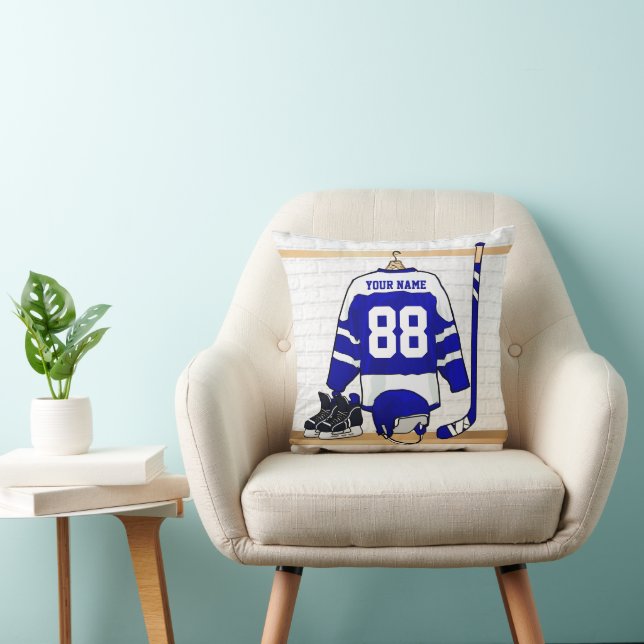 Personalized Blue and White Ice Hockey Jersey Throw Pillow (Chair)
