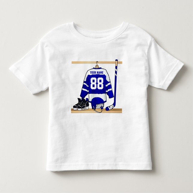 Personalized Blue and White Ice Hockey Jersey Toddler T-shirt (Front)