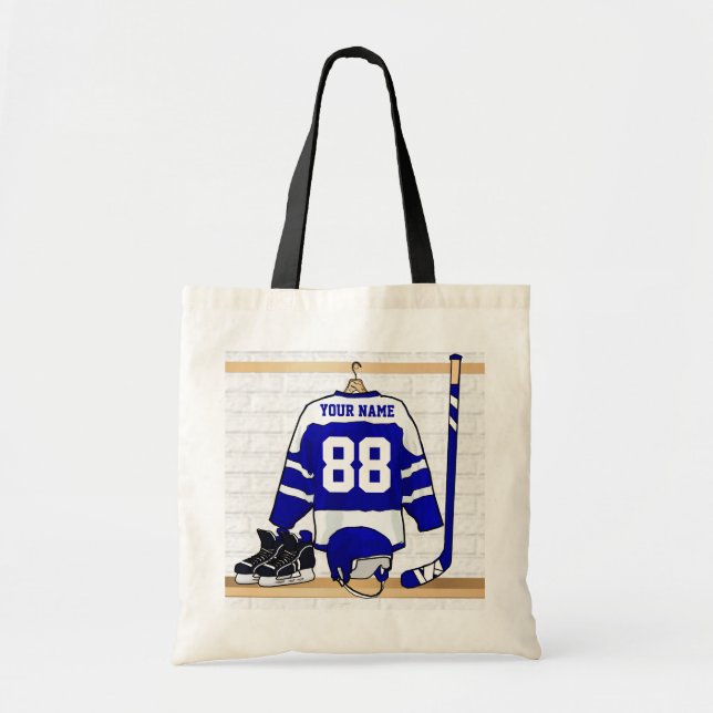 Personalized Blue and White Ice Hockey Jersey Tote Bag (Front)