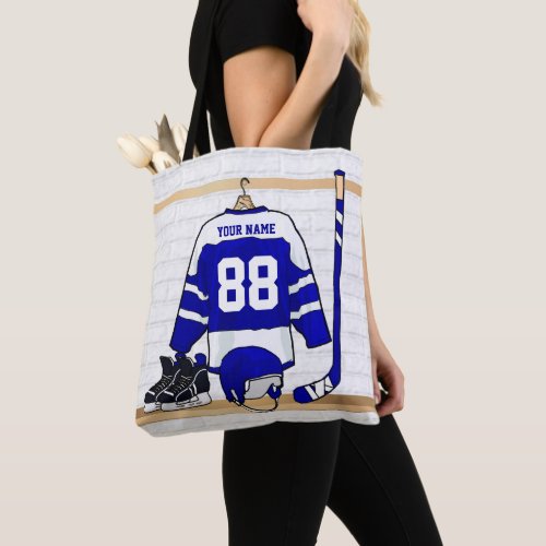 Personalized Blue and White Ice Hockey Jersey Tote Bag