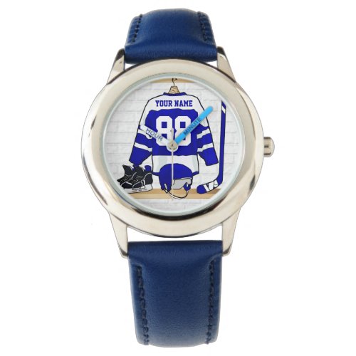 Personalized Blue and White Ice Hockey Jersey Watch