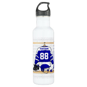 Personalized Blue and White Ice Hockey Jersey Water Bottle
