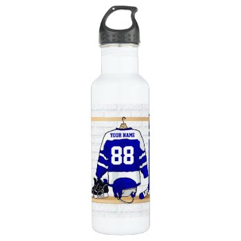 Personalized Blue And White Ice Hockey Jersey Water Bottle by giftsbonanza at Zazzle
