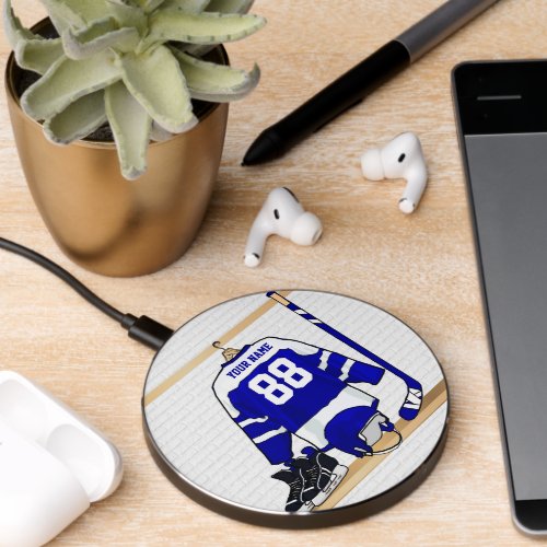 Personalized Blue and White Ice Hockey Jersey Wireless Charger