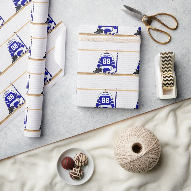 Personalized Blue and White Ice Hockey Jersey Wrapping Paper (Crafts)