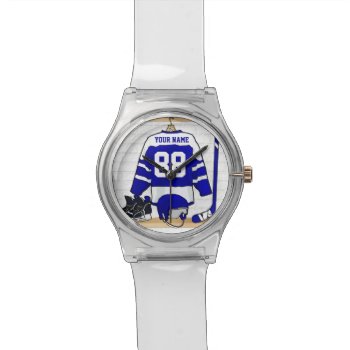 Personalized Blue And White Ice Hockey Jersey Wrist Watch by giftsbonanza at Zazzle