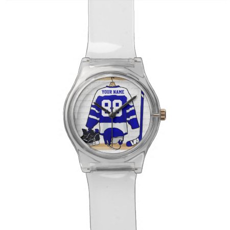 Personalized Blue And White Ice Hockey Jersey Wrist Watch