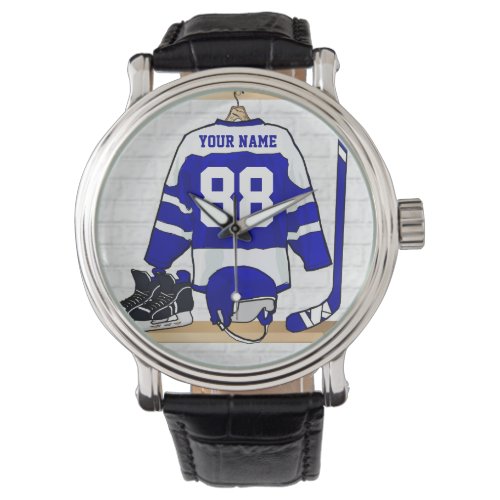 Personalized Blue and White Ice Hockey Jersey Wristwatch