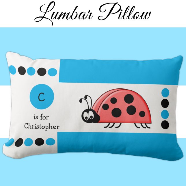 Personalized blue and white ladybird kids monogram lumbar pillow (Creator Uploaded)