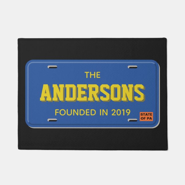 Personalized Blue and White License Plate Welcome Doormat (Front)
